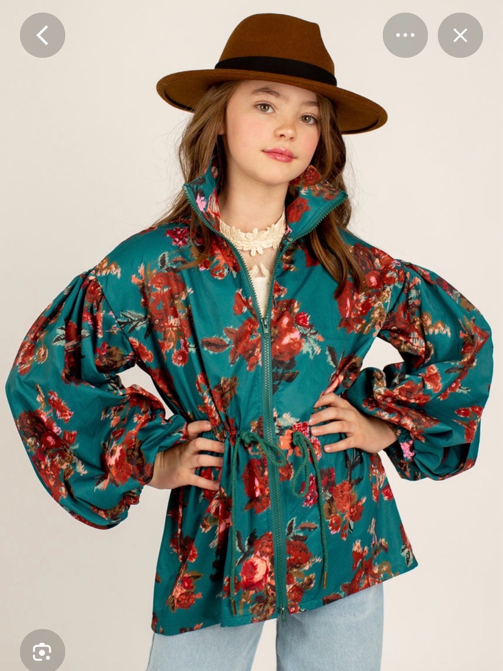 Joyfolie Teal Floral Zip Drawstring Jacket
